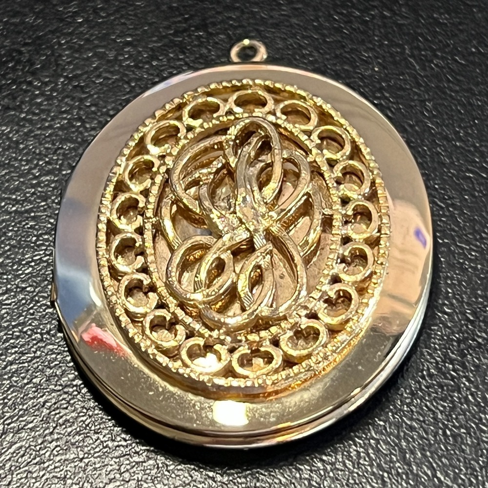 Gold Tone Ornate Round Locket Pendant Vintage Filigree Medallion Victorian Style